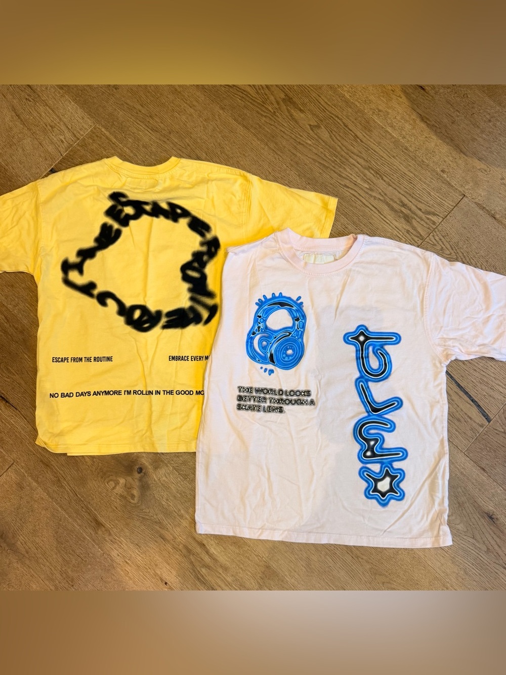Zara Kids Graphic Tee bundle skateboard, Yellow, Light Pink w/ Blue print music